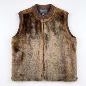 Outdoor Edition Parkhurst Faux Fur Ribbed Vest Jacket Brown Zip VTG Womens XL